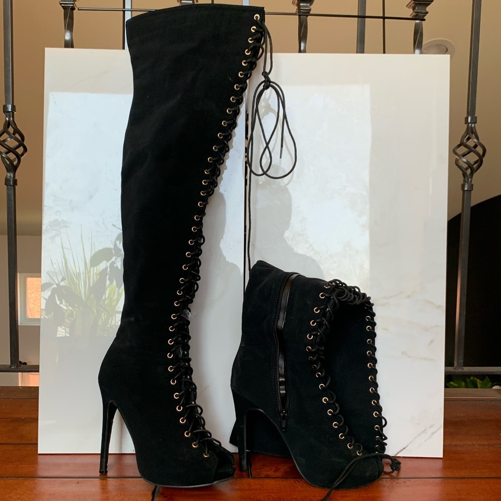 Sexy black knee high boots - open toe & laced